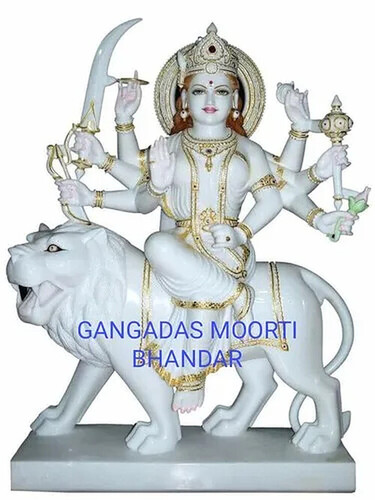 White Makrana Marble Durga Mata Statue For Temple With Sitting Position