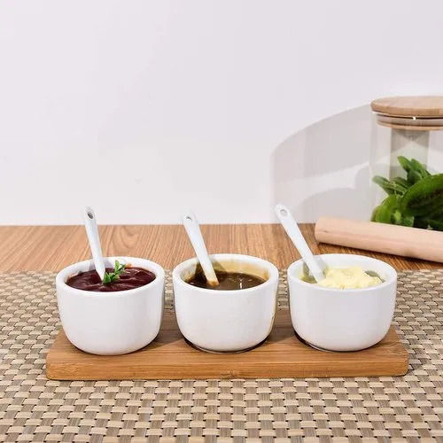 Ceramic And Bamboo Condiment Tray Serving Set (3 Bowls) For Hotel And Home