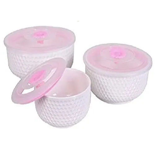 Dotted Pattern White Ceramic Serving Bowl Set With Lid (3 Pcs) For Home, Hotel