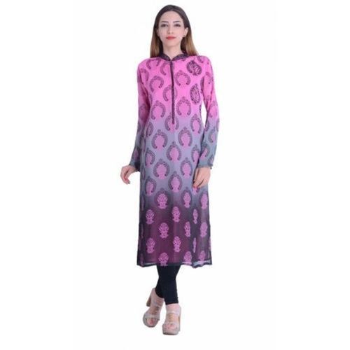 Elegant Look Light Weight Casual Wear Printed Full Sleeved Chiffon Kurti For Women