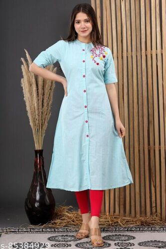 Ladies Elbow Length Sleeves Casual Wear Sky Blue Kurtis