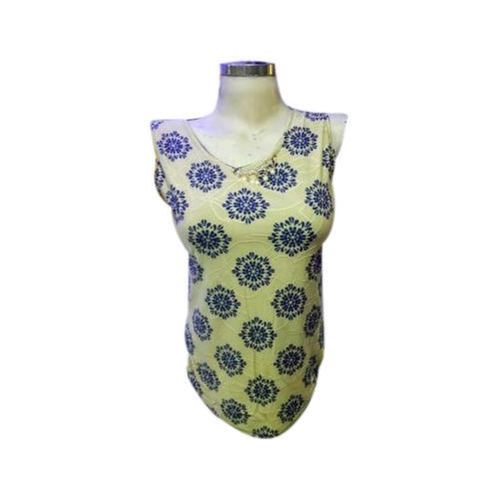 Ladies Printed Cotton Sleeveless V Neck Regular Fit Casual Wear Tops