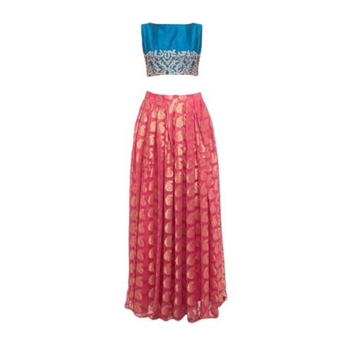 Soft Part Wear Ethnic Embroidered Banarasi Straight Long Skirt And Crop Top For Women