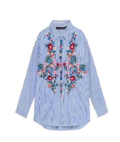 Blue Long Sleeve Ethnic Casual Top Cotton Ladies Striped Embroidered Shirt