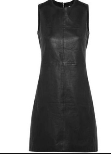 Black Causal Wear Sleeveless Round Neck Plain Leather Western Dress For Women 