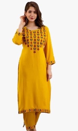 Yellow Elegant Look Full Sleeves Round Neck Embroidery Rayon Kurti