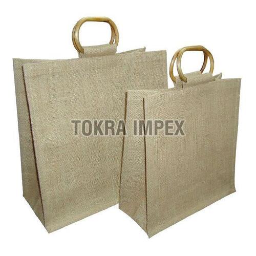 Brown Pp Laminated Jute Bag With Wooden Cane Handle