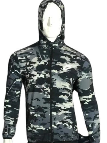 पुरुषों के लिए विंटर वियर फुल-स्लीव्ड इलास्टिक स्ट्रिंग आर्मी प्रिंट पॉलिएस्टर जैकेट