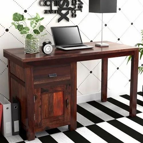 Rectangular Polished Finish Wooden Office Table With 1 Drawer and Shelves