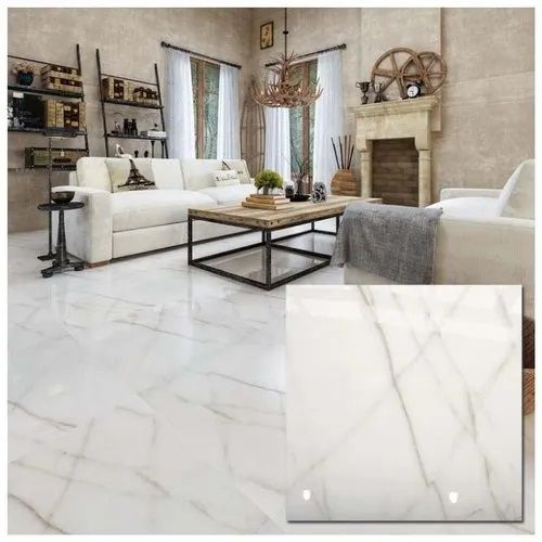 Glossy Finish White Ceramic Floor Tile, Dimension 600 mm x 600 mm