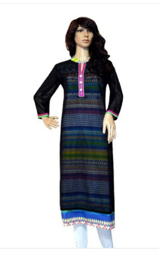 पर्पल लेडीज़ कॉटन प्रिंटेड फुल स्लीव और फ्रंट बटन कॉलर नेक कुर्ता