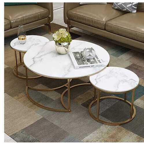 Round Shape Truba Nesting Tables With Marble In Gold Finish