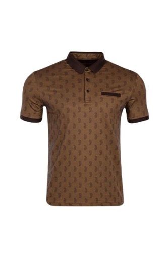 Mens 100 % Pure Cotton Short Sleeve Polo Neck Printed Brown T Shirts