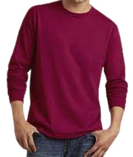 White-Black Mens Plain Round Neck Long Sleeve Maroon Cotton T Shirt