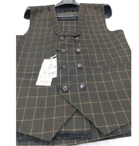 Grey Mens Sleeveless Button Closure Checked Designer Waistcoat