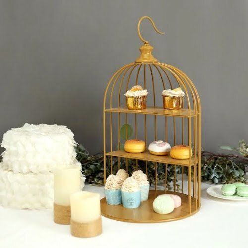 Three Tier Hanging Gold Metal Bird Cage Cup Cake Stand