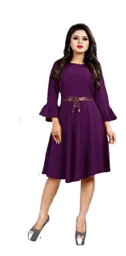 Purple 3/4Th Flared Sleeve Crepe Boat Neck Short Western Dress For Ladies 