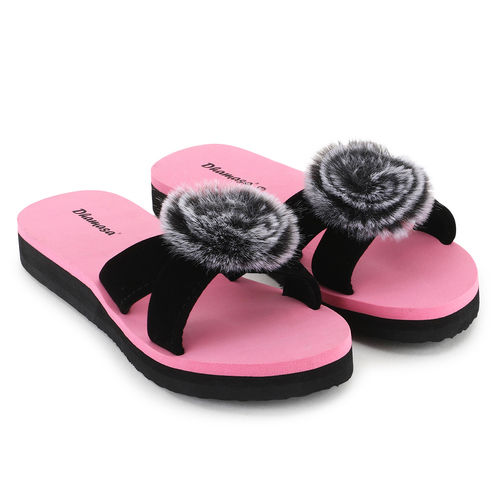 Black fluffy flip flops hot sale