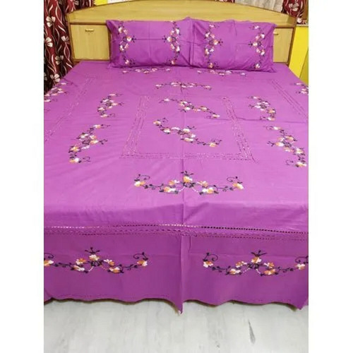 Anti Shrink Cotton Hand Embroidered King Size Double Bedsheet With 2 Pillowcases