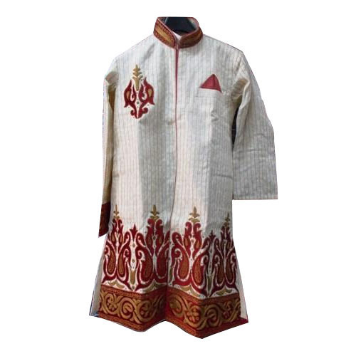 White And Brown Embroidered Pattern Wedding Wear Mens Jacquard Fabric Sherwani