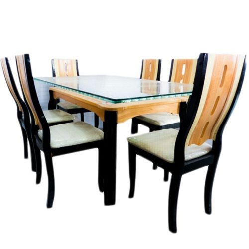 Luxurious Carpentered Glass Top Wooden Dining Table With Six Chairs