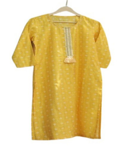 Yellow Casual Wear Short Sleeve Round Neck Cotton Printed Kurti For Ladies 