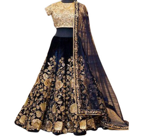 Blue Embroidered Half Sleeves Wedding Wear Bridal Lehenga For Ladies