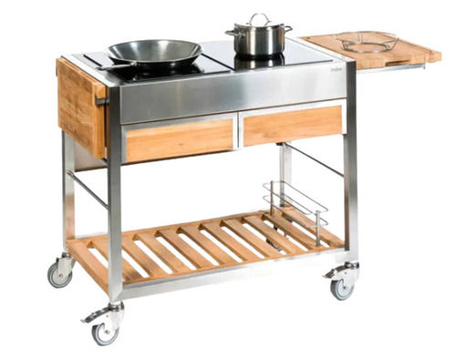 Polished Stainless Steel And Teak Wood Kitchen Serving Trolley 