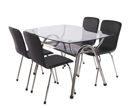Stainless Steel With Glass Table Top Dining Table Set With 4 Chairs