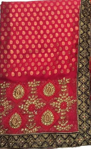 Brasso Saree - Georgette, Regular Fit, Red | Breathable, Lightweight, Skin-Friendly, Easy Washable, Ultra Fine Fabric, Neatly Stitched, Party Wear with Embroidered Stone Work