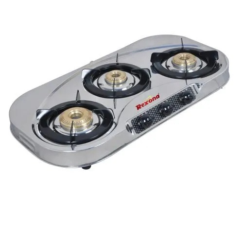 Three Brass Burner Gas Stove - RCW-301 | Rustproof, Manual Ignition, Countertop Installation, Stainless Steel Surface