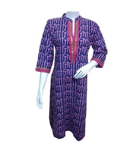 Multicolor Three Fourth Sleeves Collar Neck Printed Soft Cotton Kurti 