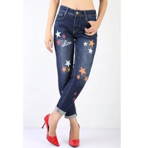 Blue Ladies Skinny Fit Stretchable Printed Denim Jeans For Casual Wear