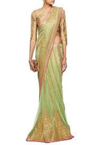 White Women`S Wear Green With Golden Designer Net Sarees