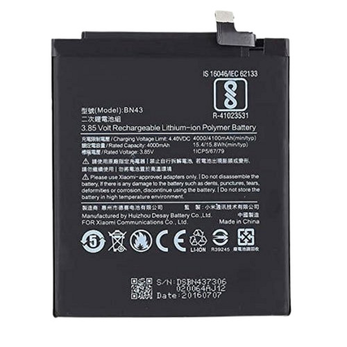 BN43 Lithium Polymer Battery - 4100mAh Capacity | Compact 8x6.5x1cm Design, Sleek Black Finish, Robust Mobile Backup