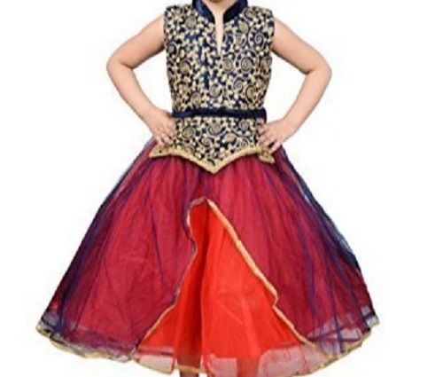 Semi-Automatic Kids Sleeveless Party Wear Floor Length Straight Nylon Frock With 30 Inch Embroidery Work