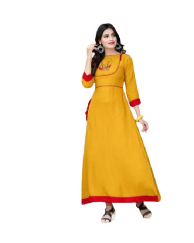 Yellow And Red 3/4Th Sleeve Embroidered Neck Plain Cotton Full Lenght Kurti 