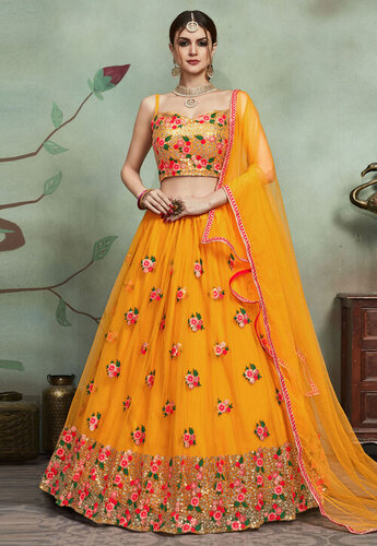 Party Wear Ladies Embroidered Yellow Lehenga Choli Set With Dupatta