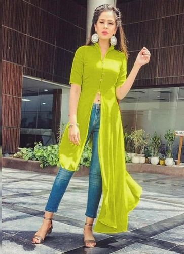 38 To 48 Inch Green Cotton Chikan Kurti For Party Wear Occasion