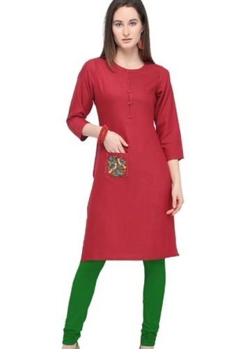 लाल 42 इंच आरामदायक और धोने योग्य लंबी आस्तीन वाली प्लेन रेयॉन कुर्ती