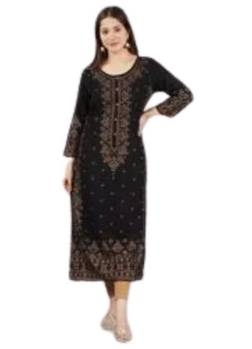 Skin Friendly Round Neck 3/4th Sleeves Embroidered Rayon Long Kurti For Ladies