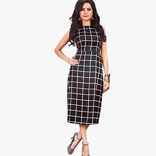 Black 38 Inch Washable Sleevless Check Casual Ladies Cotton Western Short Dress