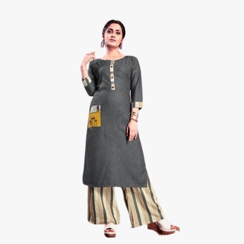Cotton Silk Designer Ladies' Palazzo Suit - Grey Printed Fabric, Full Sleeves, Breathable and Washable