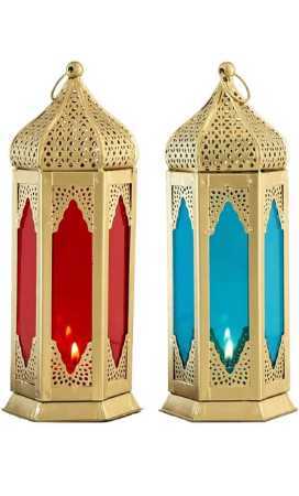 Iron Metal Lantern with Multi Coloured Glass for Indoor and Outdoor