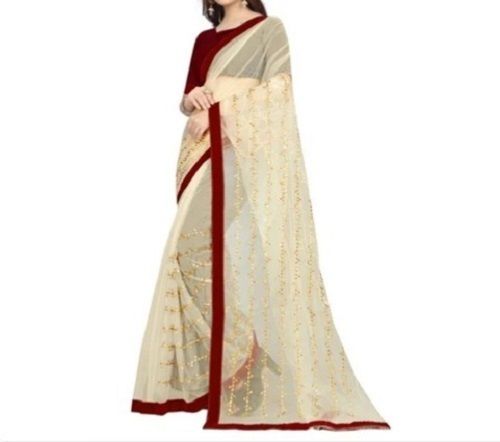 Red And Brown Laces Embroidered Thread Work Party Wear Georgette Saree