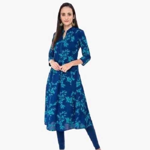 Blue 43 Cm Length 6 Inch Shoulder Size Nylon Printed Ladies Kurti 