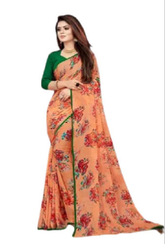 Orange Casual Wear Floral Printed Chiffon Saree With Contrast Blouse 