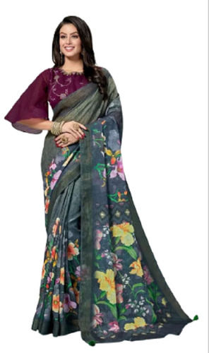 Grey Cotton Silk Fancy Digital Printed Sarees For Party Wear