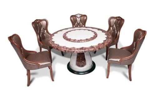 Designer Stylish 5-Seater Shiny Solid Wood And Italian Marble Dining Set