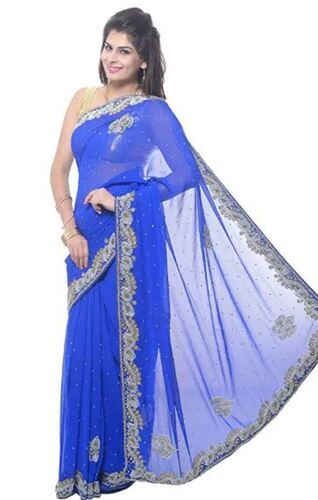 Blue Skin Friendly And Quick Dry Party Wear Stone Work Georgette Saree For Ladies 